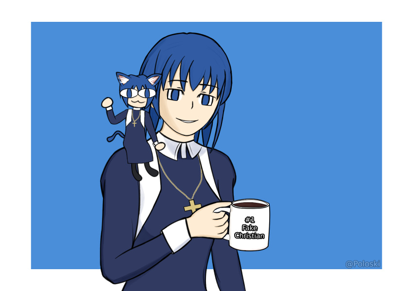 2girls :3 animal_ears black_dress blue_eyes blue_hair breasts cat_ears cat_girl cat_tail chibi ciel_(tsukihime) cross cross_necklace dress highres holding jewelry latin_cross long_sleeves looking_at_viewer medium_breasts multiple_girls necklace neco-arc neco-ciel nun p0loski short_hair simple_background skirt smile tail traditional_nun tsukihime twitter_username