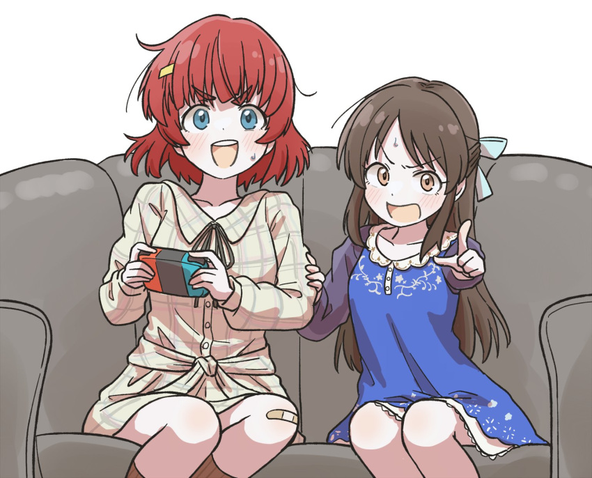 2girls anzai_miyako bandaid bandaid_on_knee bandaid_on_leg blue_bow blue_dress blue_eyes bow brown_dress brown_eyes brown_hair checkered_clothes checkered_dress commentary controller couch dress flat_chest game_controller hair_bow hair_ornament hairclip hand_up highres holding holding_controller holding_game_controller idolmaster idolmaster_cinderella_girls long_hair long_sleeves looking_at_viewer medium_hair multiple_girls open_mouth playing_games pointing pointing_at_viewer print_dress redhead sault93726525 sidelocks sitting smile sweat symbol-only_commentary tachibana_arisu teeth thick_eyebrows upper_teeth_only v-shaped_eyebrows white_background