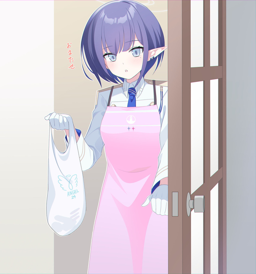 1girl aoi_(blue_archive) apron bag blue_archive blue_eyes blue_hair blue_halo blue_necktie collared_dress commentary_request door dress eko gloves halo highres holding long_sleeves looking_at_viewer mole mole_under_eye necktie parted_lips pink_apron plastic_bag pointy_ears short_hair solo translation_request white_dress white_gloves