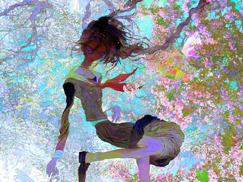 1girl abstract ankle_socks athgil blue_sky braid branch brown_footwear brown_hair brown_serafuku brown_shirt brown_skirt check_copyright cherry_blossoms closed_eyes clothes_lift collared_shirt commentary copyright_request expressionless floating_hair flower foot_out_of_frame leg_up long_hair long_sleeves low_twin_braids medium_skirt neckerchief original pink_flower red_neckerchief sailor_collar school_uniform serafuku shirt shoes skirt skirt_lift sky socks solo spring_(season) straight-on twin_braids violet_eyes white_sailor_collar white_socks