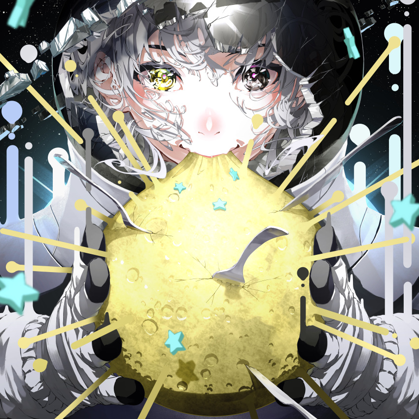 1girl absurdres broken_glass brown_eyes commentary_request crack cracked_glass eating fork glass gloves grey_hair heterochromia highres holding_moon looking_at_viewer moon nico-tine original pink_pupils solo space spacesuit star_(symbol) starry_background white_gloves yellow_eyes