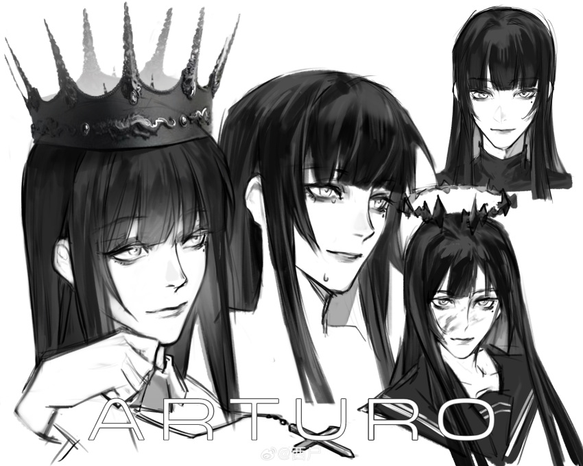 1girl absurdres arknights artist_name bare_shoulders black_sailor_collar blood blood_on_face blunt_bangs broken_halo character_name chinese_commentary chinese_text close-up closed_mouth collarbone commentary_request cropped_shoulders crown dark_halo eyelashes eyeshadow from_side greyscale halo hand_on_own_chin hand_up high_collar highres hime_cut light_smile lips long_hair long_sleeves looking_afar looking_ahead looking_at_viewer looking_to_the_side makeup mole mole_under_eye monochrome multiple_views parted_lips portrait sailor_collar sidelocks simple_background solo teeth virtuosa_(arknights) watermark weibo_6742701609 weibo_logo weibo_username wing_collar