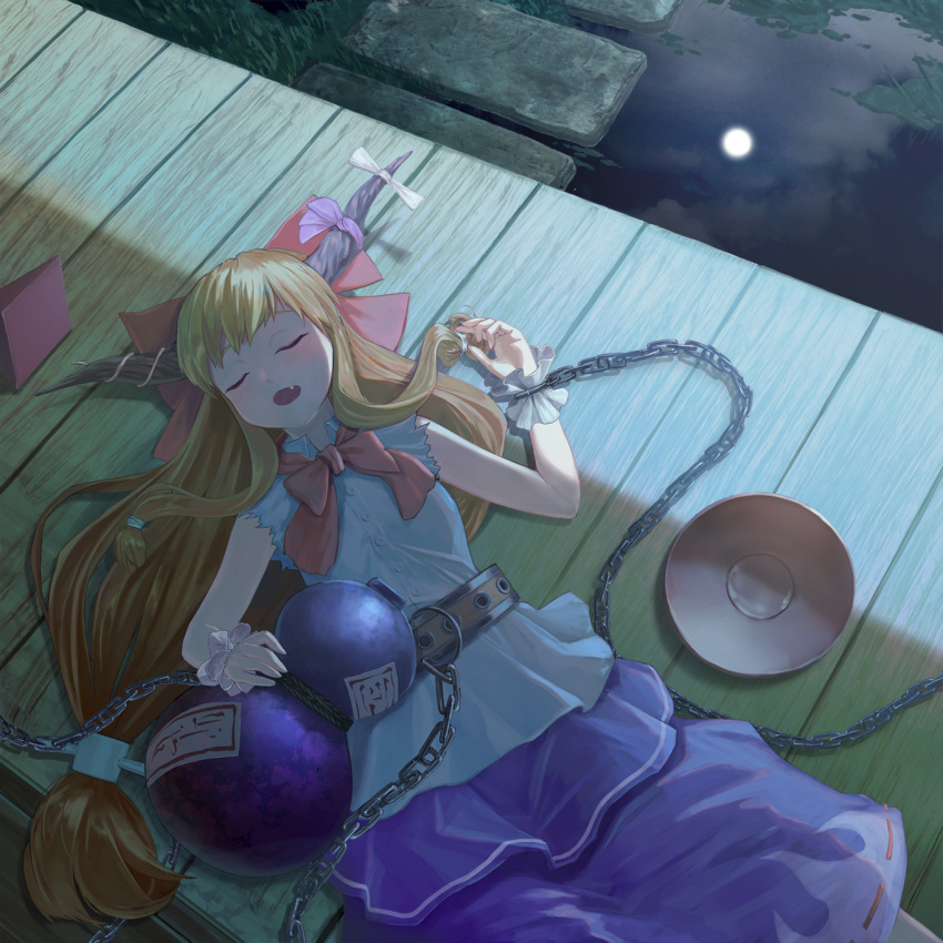 1girl belt belt_chain blue_skirt blush bow bowtie buttons chain closed_eyes clouds collared_shirt cuffs cup fang feet_out_of_frame full_moon gourd hair_bow highres horn_bow horn_ornament horn_ribbon horns ibuki_suika long_hair low-tied_long_hair lying matumasima moon night ofuda on_back oni open_mouth orange_hair porch purple_ribbon pyramid_(geometry) red_bow red_bowtie reflection ribbon ribbon-trimmed_skirt ribbon_trim sakazuki shirt sidelocks skirt sleeping sleeveless sleeveless_shirt solo stepping_stones touhou very_long_hair water white_bow white_ribbon white_shirt wooden_floor wrist_cuffs