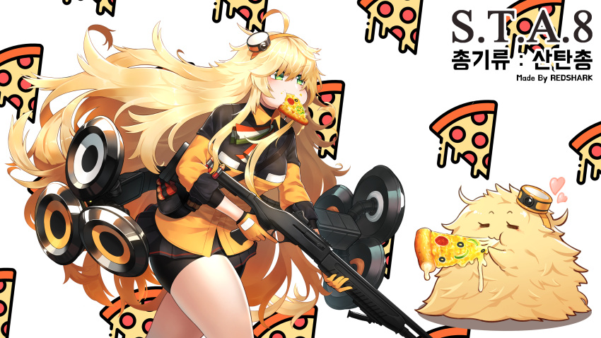 1girl :3 =_= absurdres ahoge artist_name bell_pepper_slice bike_shorts black_gloves black_jacket black_shorts black_skirt blonde_hair blush breasts character_name chibi closed_eyes commentary_request dripping eating fabarm_sat-8 food food-themed_background food_in_mouth food_on_face girls_frontline gloves green_eyes gun hair_between_eyes hair_ornament hairband heart highres holding holding_gun holding_weapon italian_flag italian_flag_print jacket korean_commentary korean_text large_breasts long_hair long_sleeves messy_hair mixed-language_commentary mouth_hold multicolored_clothes multicolored_jacket neck_ribbon olive orange_gloves orange_hairband orange_jacket partial_commentary pepperoni pizza pizza_background pleated_skirt print_ribbon puffy_cheeks redshark7839 ribbon s.a.t.8_(girls'_frontline) shadow shield shield_module shorts shotgun shotgun_shell simple_background skindentation skirt solo too_much_fluff translation_request trigger_discipline two-sided_gloves two-tone_jacket typo v-shaped_eyebrows very_long_hair weapon white_background