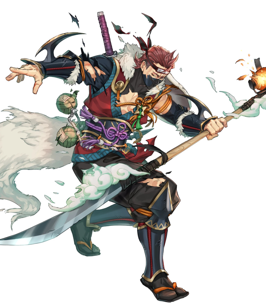 1boy damaged fire_emblem fire_emblem_fates fire_emblem_heroes fox_mask headband highres holding holding_polearm holding_weapon japanese_clothes kunai male_focus mask mask_on_shoulder mouth_mask ninja non-web_source official_alternate_costume official_art one_eye_closed pectoral_cleavage pectorals polearm rope saizo_(fire_emblem) saizo_(ninja)_(fire_emblem) scar scar_across_eye shimenawa solo tabi torn_clothes v-shaped_eyebrows weapon