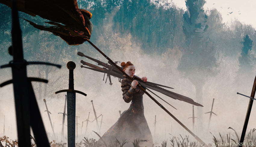 1girl absurdres anato_finnstark artist_name banner battle_standard battlefield bead_bracelet beads bird black_dress bracelet carrying carrying_over_shoulder claymore_(sword) commentary double_bun dress english_commentary field field_of_blades forest greatsword hair_bun hair_tie highres hilt holding holding_sword holding_weapon jewelry long_sword looking_at_viewer nature one_eye_closed planted planted_sword redhead solo standing sword the_magpie_rhyme tree two-handed_sword war war_banner weapon wheat wheat_field