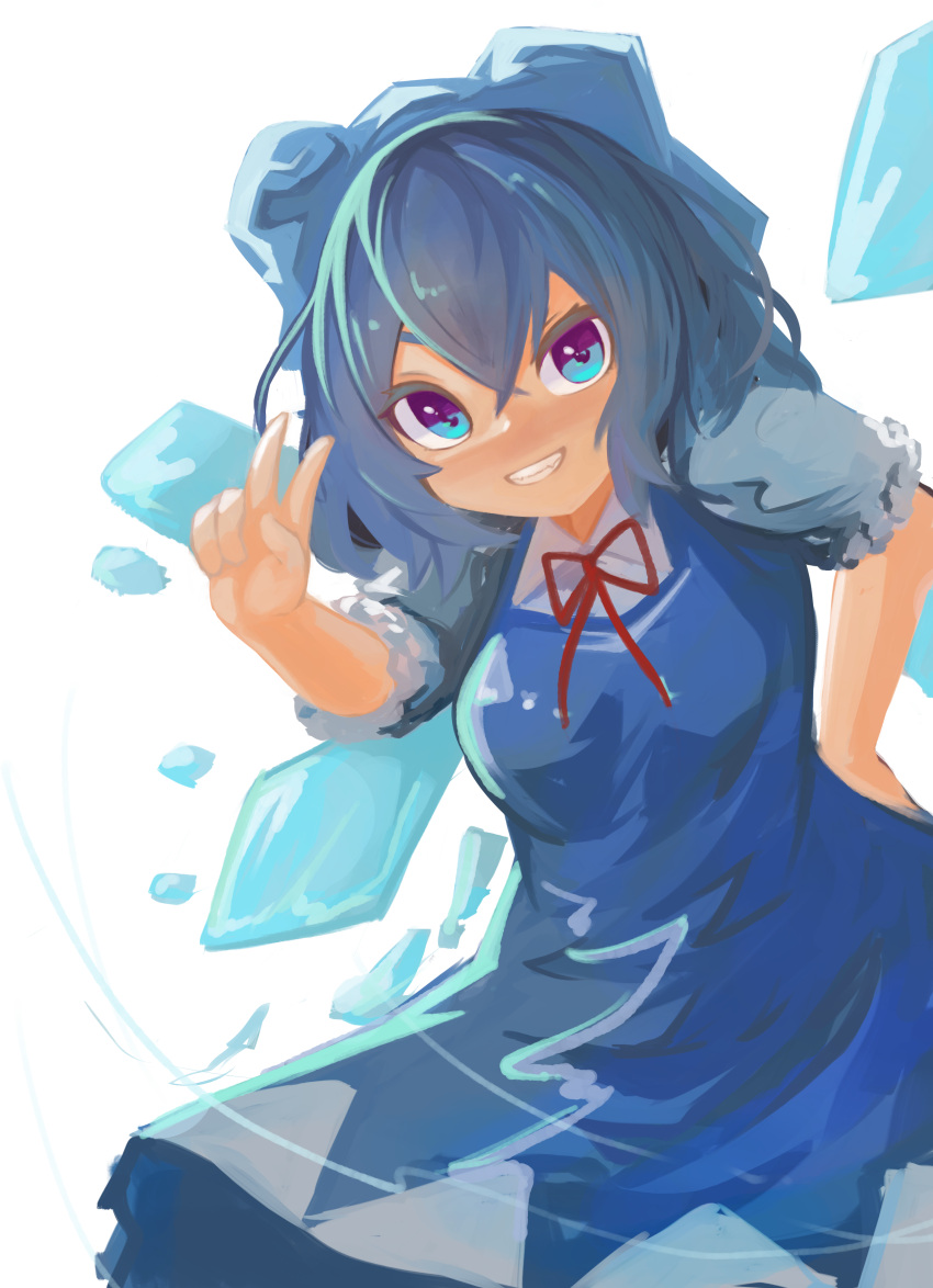 1girl absurdres blue_dress blue_eyes blue_hair blue_ribbon breasts cirno clip_studio_paint_(medium) commentary cowboy_shot crossed_bangs dress fangs grin hair_between_eyes hair_ribbon hand_on_own_hip highres lenserd looking_at_viewer making-of_available medium_breasts medium_hair neck_ribbon pinafore_dress red_ribbon ribbon shirt short_sleeves simple_background sleeveless sleeveless_dress smile solo touhou v white_background white_shirt wings