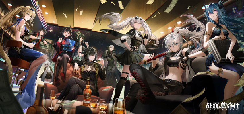 alcohol alpha_(punishing:_gray_raven) anniversary artist_request banknote bar_(place) bar_stool baseball_bat belt bianca_(punishing:_gray_raven) black_hair blonde_hair blue_hair briefcase changyu_(punishing:_gray_raven) couch crossed_legs cup dollar_bill dress drinking_glass eyewear_on_head falling_money gloves green_eyes green_hair grey_hair hanying_(punishing:_gray_raven) heterochromia high_heels highres jacket lamia_(punishing:_gray_raven) looking_at_viewer luna_(punishing:_gray_raven) money multicolored_hair official_art ponytail pulao_(punishing:_gray_raven) punishing:_gray_raven qu_(punishing:_gray_raven) red_eyes roland_(punishing:_gray_raven) rolling_suitcase sitting smile sophia_(punishing:_gray_raven) stool suitcase sunglasses twintails two-tone_hair violet_eyes white_hair wine_glass yellow_eyes