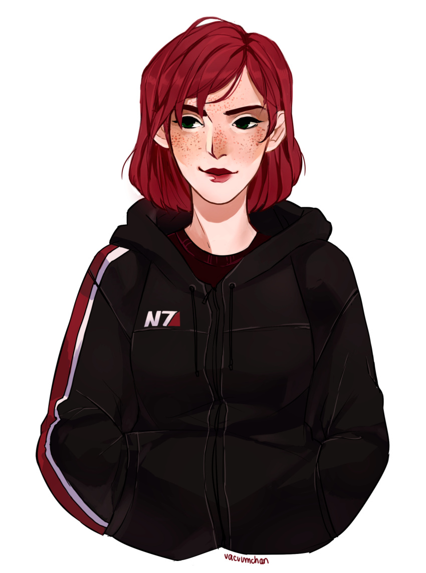 1girl alternate_costume black_eyes black_hoodie commander_shepard commander_shepard_(female) commentary english_commentary freckles hands_in_pockets highres hood hoodie looking_to_the_side mass_effect mass_effect_(series) redhead signature simple_background solo upper_body vacuumchan white_background