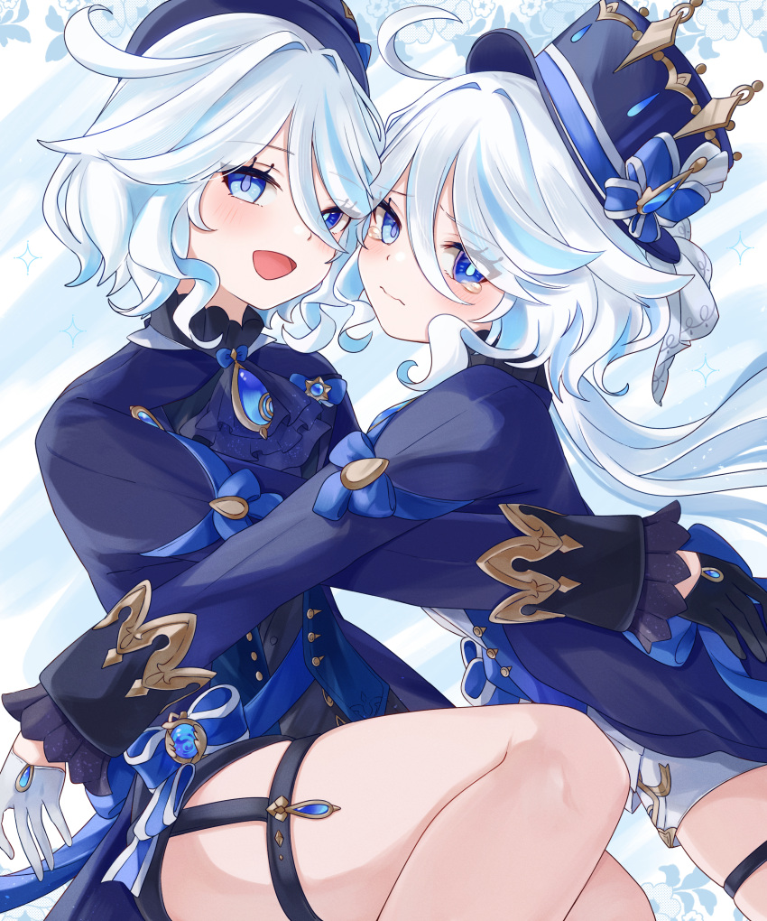 2girls absurdres ahoge ascot asymmetrical_gloves black_gloves blue_ascot blue_bow blue_eyes blue_gemstone blue_hair blue_headwear blue_jacket blush bow closed_mouth commentary_request engasaki_sakura from_side frown furina_(genshin_impact) gem genshin_impact gloves hair_intakes hat hat_bow heterochromia highres hug jacket light_blue_hair long_hair long_sleeves mismatched_gloves mismatched_pupils multicolored_hair multiple_girls multiple_persona open_mouth shorts skindentation smile streaked_hair thigh_strap top_hat waist_bow wavy_mouth white_gloves white_hair white_shorts