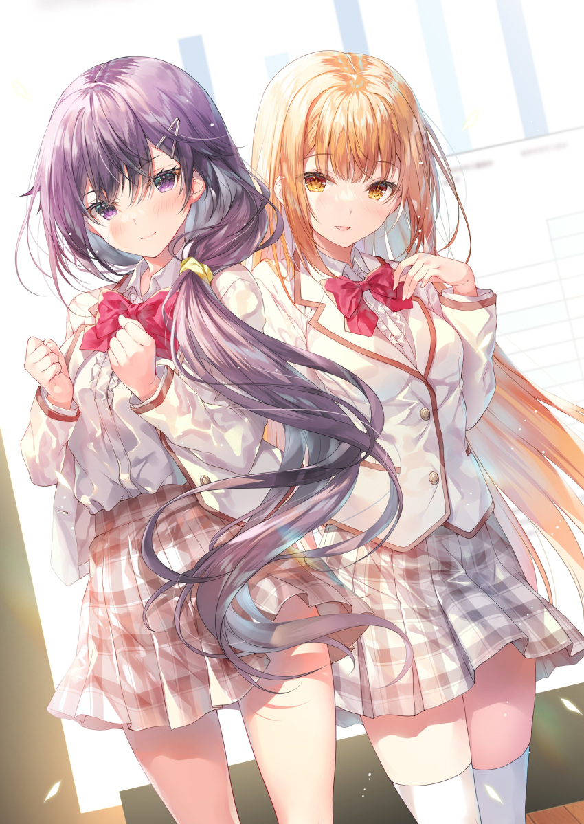2girls absurdres blonde_hair bow bowtie closed_mouth collar collared_shirt cover cover_image floating_hair hair_between_eyes hair_ornament hairclip hand_up hands_up highres konohana_hinako long_hair long_sleeves looking_at_viewer miwabe_sakura miyakojima_narika multiple_girls novel_illustration official_art parted_lips purple_hair red_bow red_bowtie saijo_no_osewa school_uniform shirt sidelocks skirt smile standing striped striped_skirt textless_version thigh-highs violet_eyes white_collar white_shirt white_thighhighs yellow_eyes zettai_ryouiki