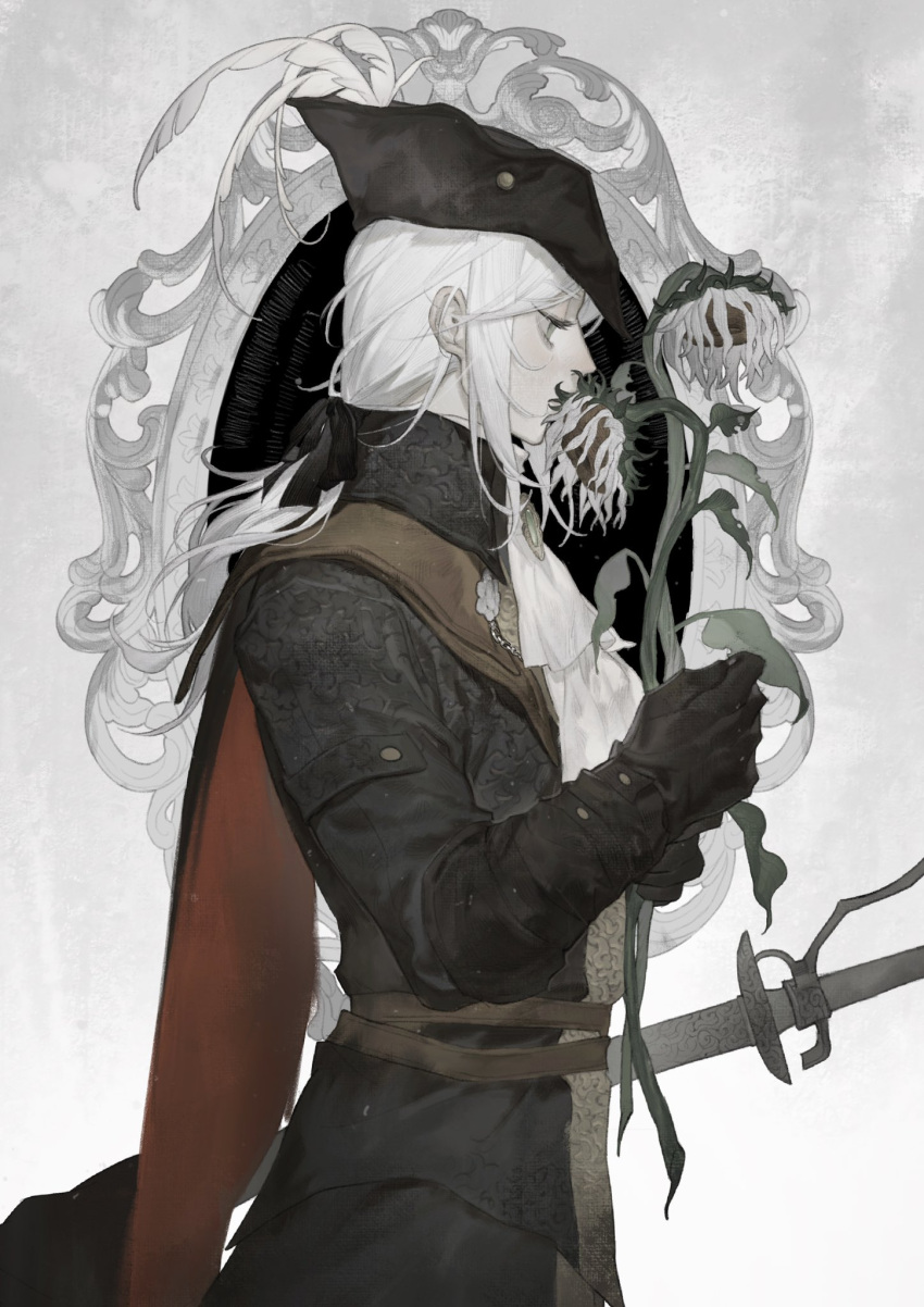 1girl ascot belt black_cape black_coat black_gloves black_headwear bloodborne bow cape coat covered_mouth cowboy_shot expressionless flower from_side gloves grey_background grey_eyes hair_bow hat high_collar highres holding holding_flower la_bo_chu_shi lady_maria_of_the_astral_clocktower leaf long_hair low_ponytail profile solo standing sunflower sword tricorne weapon white_ascot white_hair wilted_flower