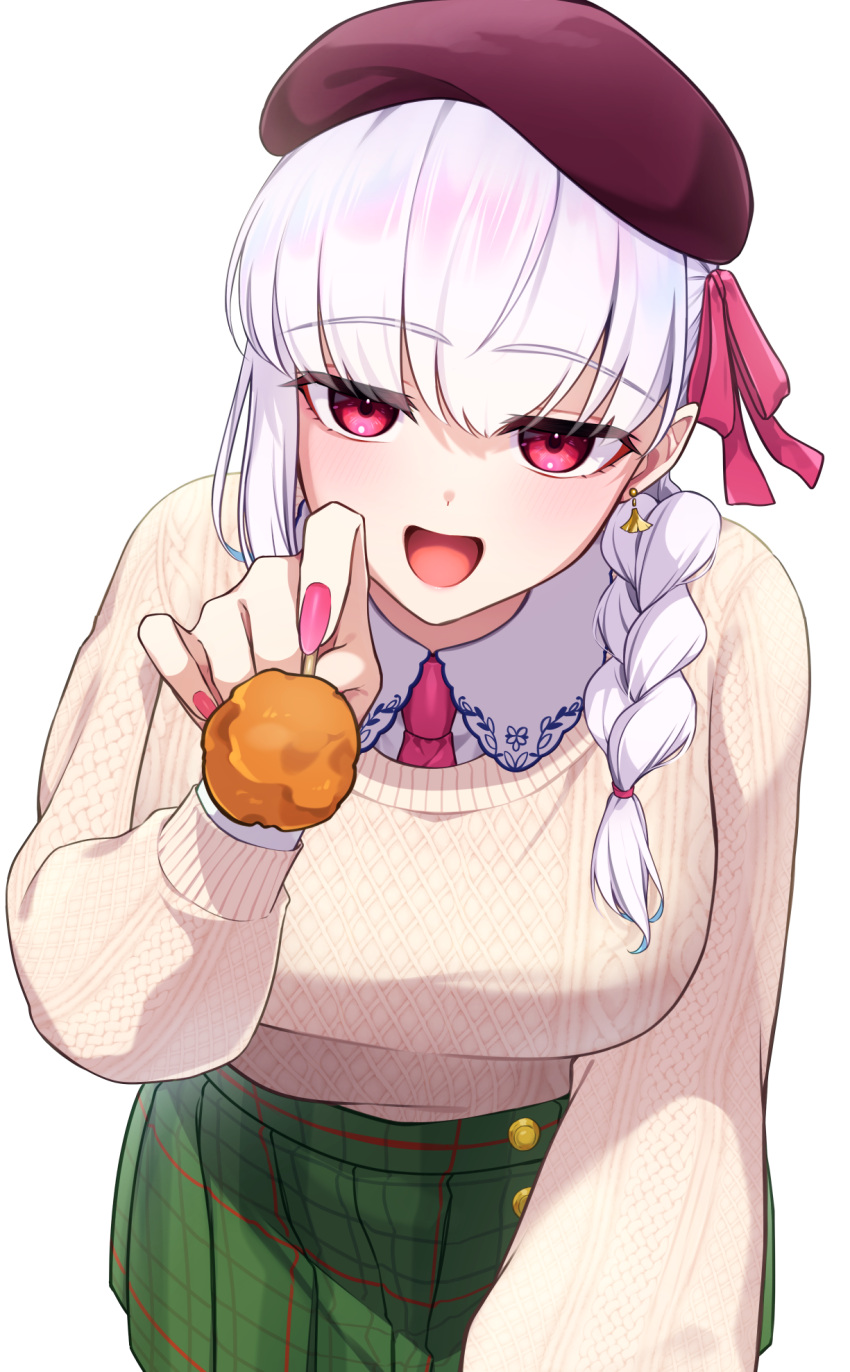 1girl alternate_costume alternate_hairstyle beret braid braided_ponytail brown_headwear commentary_request earrings fate/grand_order fate_(series) feeding fingernails food green_skirt hat highres holding holding_food incoming_food jewelry kama_(fate) long_hair long_sleeves looking_at_viewer necktie pink_nails pink_necktie plaid plaid_skirt red_eyes simple_background skirt smile solo sweater tp-sakura-k white_background white_hair white_sweater