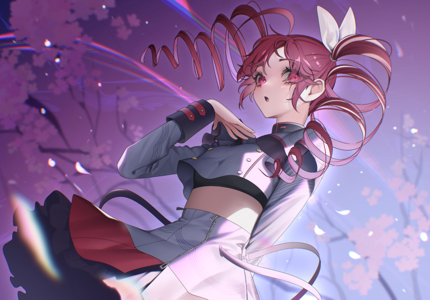 1girl ahoge arm_behind_back bitaro bow buttons cherry_blossoms cropped_jacket double-breasted drill_hair eyes_visible_through_hair falling_petals grey_jacket grey_skirt hair_bow hand_on_own_chest highres jacket kasane_teto kasane_teto_(sv) long_sleeves looking_at_viewer midriff open_mouth petals red_eyes redhead shirt skirt sleeve_cuffs solo sports_bra synthesizer_v twin_drills uniform upshirt utau white_bow