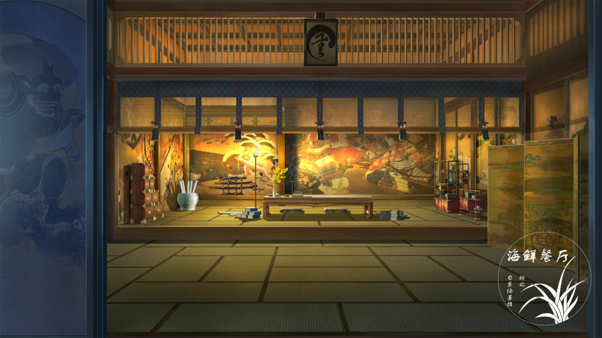 architecture artist_logo candle candlestand east_asian_architecture highres indoors katana no_humans original scenery scroll shelf shouji sliding_doors sword table vase weapon xingzhi_lv