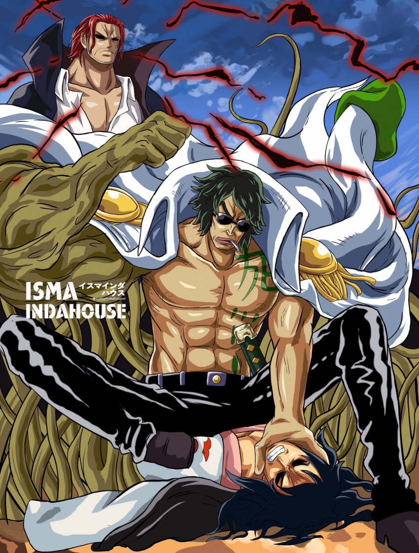 3boys abs aramaki_(ryokugyu) artist_name black_hair black_pants chest_tattoo cigarette clenched_hand closed_mouth clouds cloudy_sky coat coat_on_shoulders commentary curly_hair english_commentary epaulettes facial_hair green_hair high_collar highres ismaindahouse japanese_clothes katana kimono long_hair male_focus momonosuke_(one_piece) multiple_boys one_piece open_clothes open_mouth outdoors pants redhead scar scar_across_eye scar_on_face shanks_(one_piece) shirt short_hair sky sunglasses sword tattoo teeth v-shaped_eyebrows weapon white_shirt