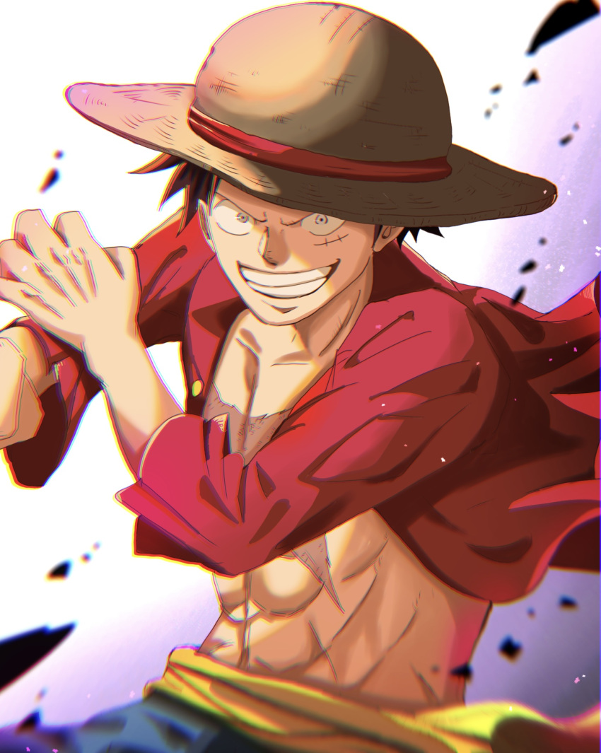 1boy black_hair commentary hat highres long_sleeves looking_at_viewer male_focus monkey_d._luffy one_piece open_clothes red_shirt scar scar_on_cheek scar_on_chest scar_on_face shirt short_hair smile solo straw_hat suzu_(suzuran_piece) teeth