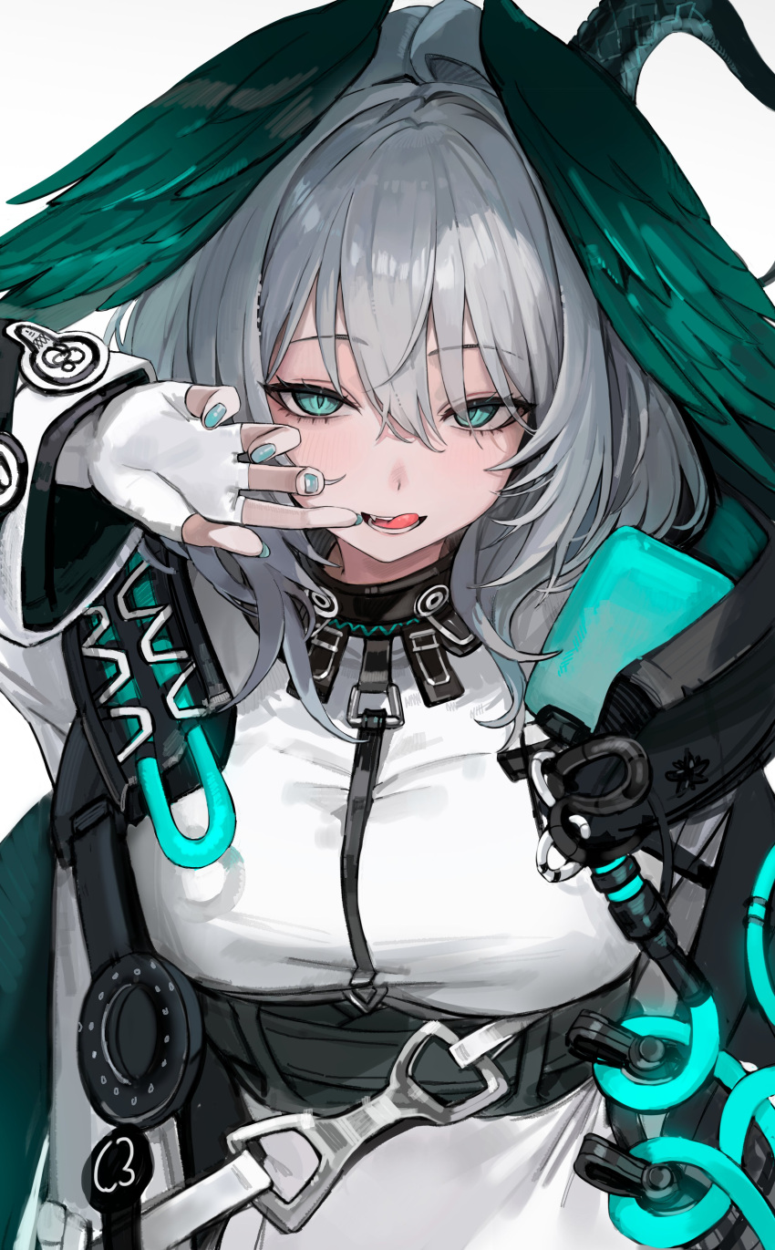 1girl :q absurdres aqua_eyes aqua_nails arknights black_wings breasts dress fang feathered_wings fingerless_gloves fingernails freng gloves grey_hair hair_between_eyes hand_up head_wings highres ho'olheyak_(arknights) jacket large_breasts long_sleeves looking_at_viewer medium_hair nail_polish open_clothes open_jacket open_mouth simple_background slit_pupils solo tail teeth tongue tongue_out upper_body white_background white_dress white_gloves white_jacket wings
