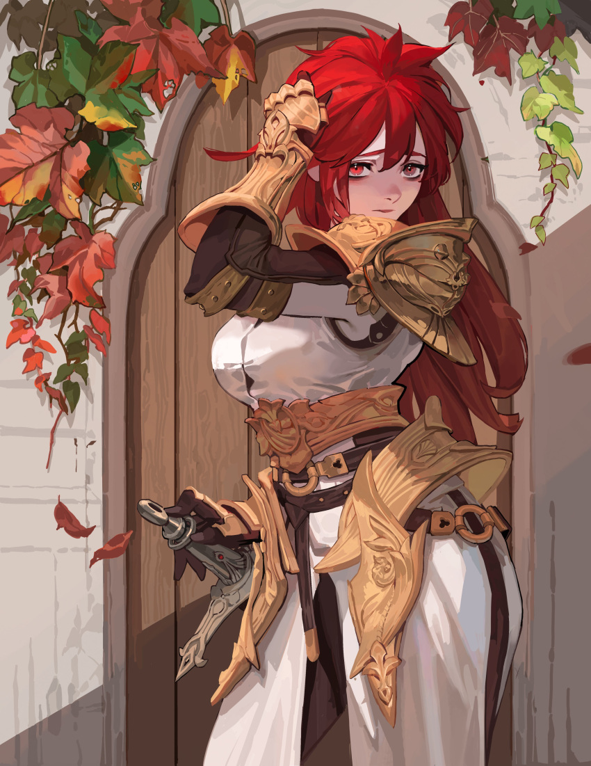 1girl absurdres armor breasts cowboy_shot dress faulds gloves hair_between_eyes hand_in_own_hair highres holding holding_sword holding_weapon large_breasts leaf long_hair o-ring_strap ori_dal original pauldrons red_eyes redhead shoulder_armor solo strap sword weapon white_dress wooden_door