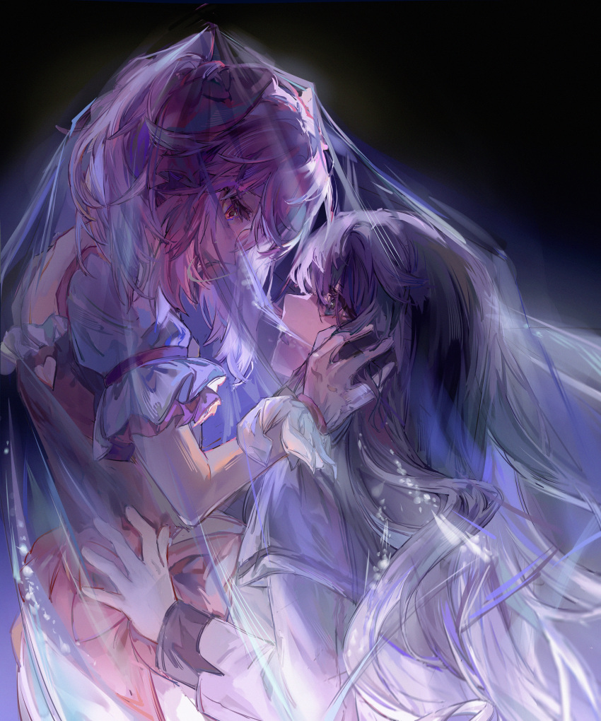 2girls absurdres akemi_homura black_background black_hair blue_eyes bow capelet dress dress_bow eye_contact face-to-face frilled_dress frills from_side gloves glowing hair_bow hand_on_another's_face hand_on_another's_waist highres jacket kaname_madoka long_hair looking_at_another magical_girl mahou_shoujo_madoka_magica mahou_shoujo_madoka_magica_(anime) multiple_girls open_mouth pink_dress pink_eyes pink_hair profile puffy_short_sleeves puffy_sleeves purple_capelet see-through_veil short_hair short_sleeves short_twintails twintails upper_body veil white_gloves white_jacket yi-ki yuri
