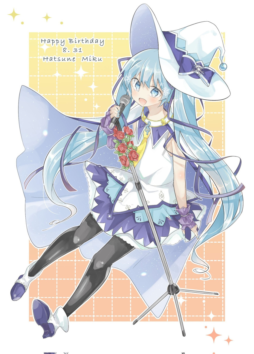 1girl aqua_eyes aqua_hair aqua_nails bare_arms black_pantyhose boots border character_name collar corrupted_twitter_file dated fingerless_gloves floating flower full_body gloves grid_background hair_ribbon happy_birthday hat hat_ribbon hatsune_miku high_heel_boots high_heels highres holding holding_microphone large_hat layered_skirt long_hair looking_at_viewer microphone microphone_stand mikosawa_megumi miniskirt nail_polish necktie open_mouth pantyhose purple_collar purple_gloves purple_ribbon purple_skirt red_flower red_ribbon red_rose ribbon rose shirt skirt sleeveless sleeveless_shirt smile snowflake_hat_ornament solo sparkle treble_clef twintails variant_set very_long_hair vocaloid white_border white_footwear white_headwear white_shirt witch_hat yellow_necktie yuki_miku yuki_miku_(2014)