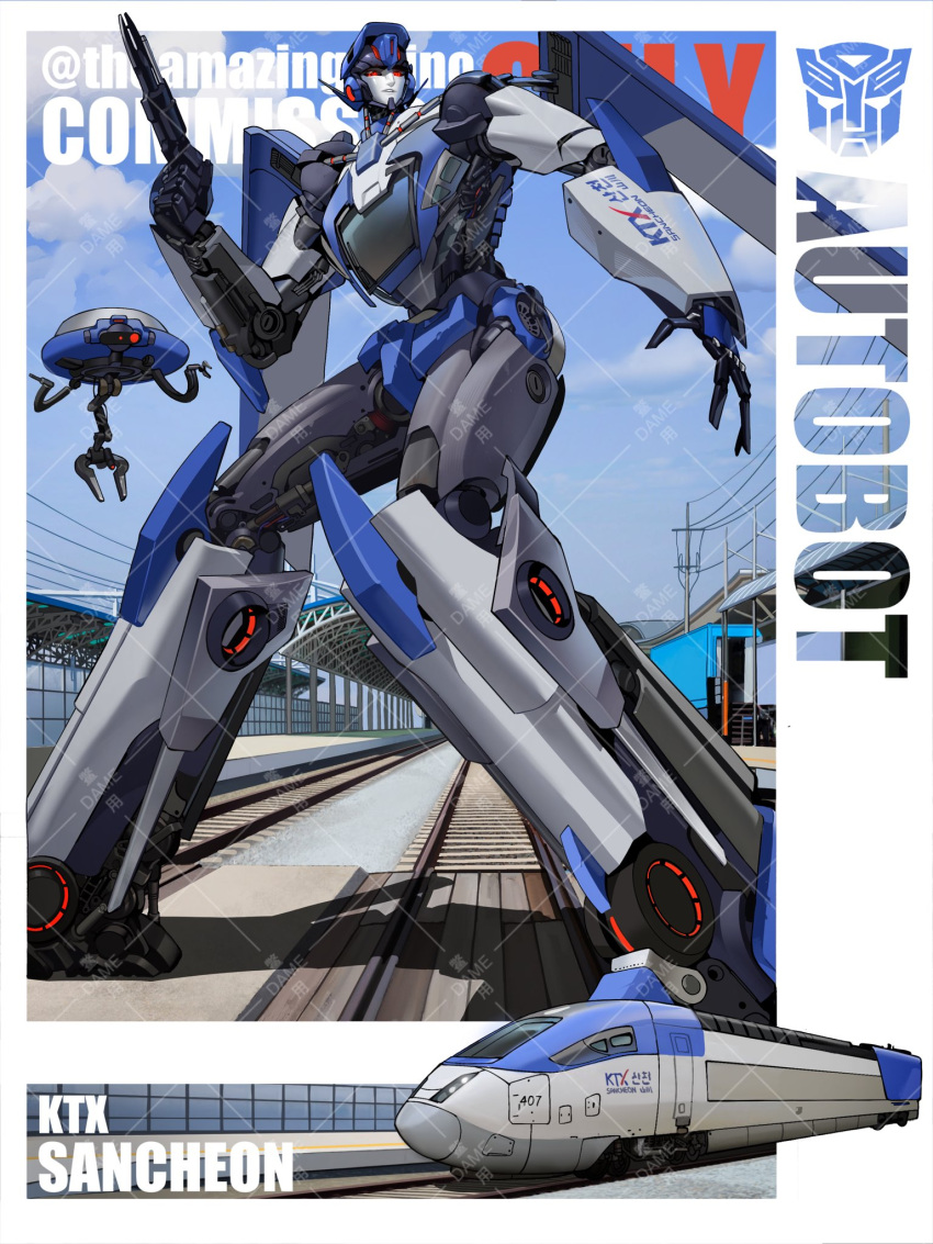arm_at_side autobot blue_sky clouds commission day drone gun hand_up highres holding holding_gun holding_weapon kamitoge_supino korea looking_afar looking_to_the_side mecha no_humans open_hand original outdoors parted_lips power_lines railroad_tracks red_eyes robot science_fiction sky standing teeth train train_station train_station_platform transformers twitter_username utility_pole watermark weapon