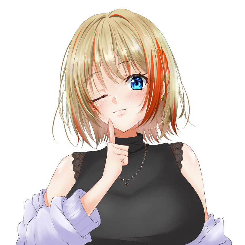 1girl absurdres black_shirt blue_eyes blush braid breasts closed_mouth earrings finger_to_own_chin grey_shirt highres index_finger_raised jewelry lace-trimmed_shirt lace_trim large_breasts light_brown_hair looking_at_viewer medium_bangs multicolored_hair multiple_earrings nanashi_inc. necklace oekaki_t722 official_alternate_costume one_eye_closed orange_hair shirt shirt_partially_removed short_hair simple_background sleeveless sleeveless_shirt smile solo touri_sei touri_sei_(2nd_costume) turtleneck two-tone_hair upper_body virtual_youtuber white_background
