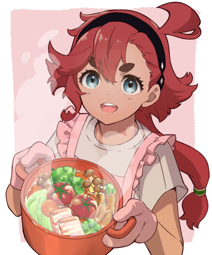 1girl :d ahoge black_hairband blue_eyes border commentary_request engawa_de gundam gundam_suisei_no_majo hair_between_eyes hairband haro highres holding_cooking_pot hotpot long_hair looking_at_viewer low_ponytail mushroom open_mouth oven_mitts pink_background redhead shiitake shirt short_sleeves smile solo steam suletta_mercury t-shirt tan thick_eyebrows tomato upper_body white_border white_shirt