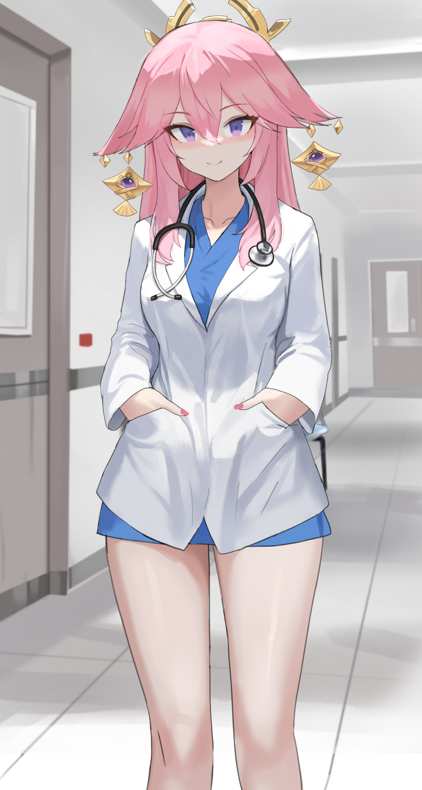 1girl absurdres blue_dress closed_mouth doctor dolri dress floppy_ears fox_girl genshin_impact hair_ornament hands_in_pockets highres hospital indoors lab_coat long_hair looking_at_viewer pink_hair pink_nails smile solo standing stethoscope violet_eyes yae_miko