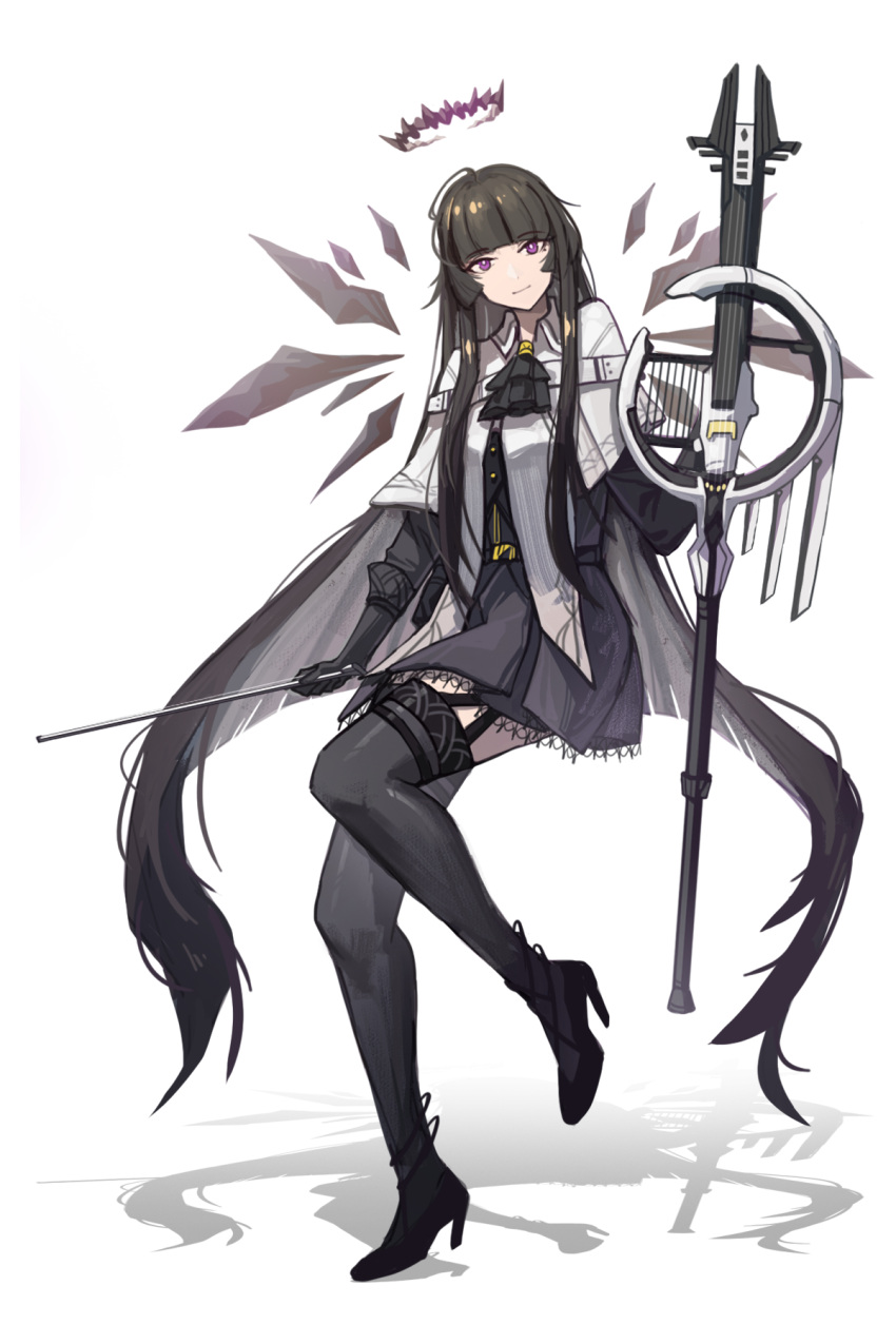 1girl antenna_hair arknights ascot backlighting balancing belt belt_buckle belt_pouch black_ascot black_belt black_bustier black_footwear black_garter_straps black_gloves black_halo black_pouch black_shirt black_skirt black_thighhighs black_wings blunt_bangs bow_(music) broken_halo buckle bustier buttons cello chinese_commentary closed_mouth collared_jacket colored_inner_hair commentary_request dark_halo detached_wings dress_shirt en_pointe energy_wings from_side full_body garter_straps gloves grey_hair halo hand_up high_heels highres hime_cut holding holding_bow_(music) holding_instrument holding_violin instrument invisible_floor jacket layered_sleeves leg_up light_smile long_hair long_sleeves looking_at_viewer miniskirt mole mole_under_eye multicolored_hair pale_skin pleated_skirt pouch shirt short_over_long_sleeves short_sleeved_jacket short_sleeves sidelocks silhouette simple_background skirt solo standing standing_on_one_leg strappy_heels taoxisama thigh-highs tiptoes two-tone_hair very_long_hair violet_eyes violin virtuosa_(arknights) white_background white_belt white_jacket wide_sleeves wing_collar wings zettai_ryouiki