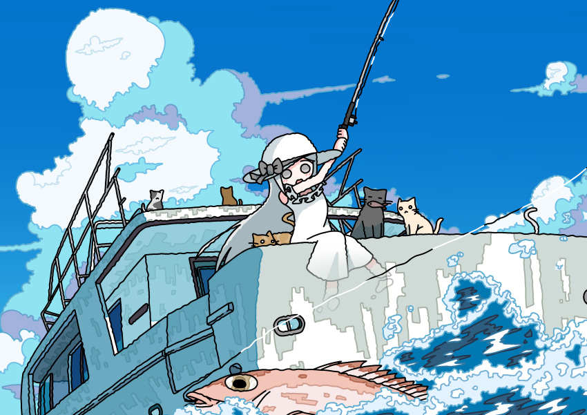 1girl absurdres arms_up bare_arms blue_sky boat bow cat clouds contrail cumulonimbus_cloud day dress emesan_desu fish fishing fishing_rod frills hat hat_bow hat_ribbon highres long_hair ocean original outdoors ribbon scenery sitting sky solo sun_hat sundress water watercraft waves white_dress white_hair yacht