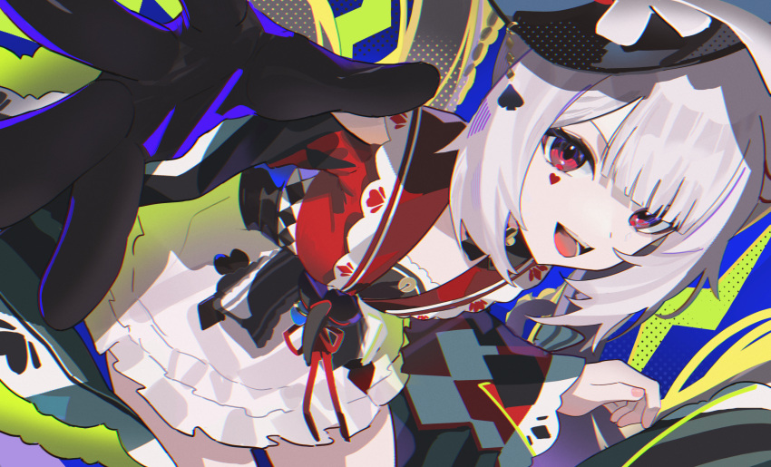 1girl black_gloves black_hat braid clothing_cutout commentary_request diamond_(shape) diamond_facial_mark diamond_on_cheek facial_mark gloves hat hat_ornament heart heart_facial_mark heart_on_cheek highres honkai:_star_rail honkai_(series) long_hair looking_at_viewer mark_under_both_eyes mini_hat mini_top_hat multicolored_hair open_mouth pink_eyes rabbit_ear_headwear rabbit_hat_ornament shoulder_cutout single_glove smile solo sparkle_(honkai:_star_rail) sparxie_(honkai:_star_rail) top_hat twintails very_long_hair white_hair wiersa