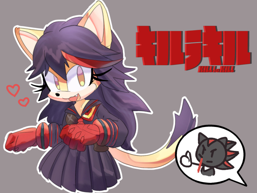 1girl animal_ears black_hair blood cat_ears cat_tail chibi chibi_inset copyright_name cosplay fang grey_background heart highres honey_the_cat kill_la_kill matoi_ryuuko matoi_ryuuko_(cosplay) multicolored_hair nosebleed open_mouth outline quark196 redhead senketsu shadow_the_hedgehog sonic_(series) tail thumbs_up two-tone_hair white_outline yellow_eyes