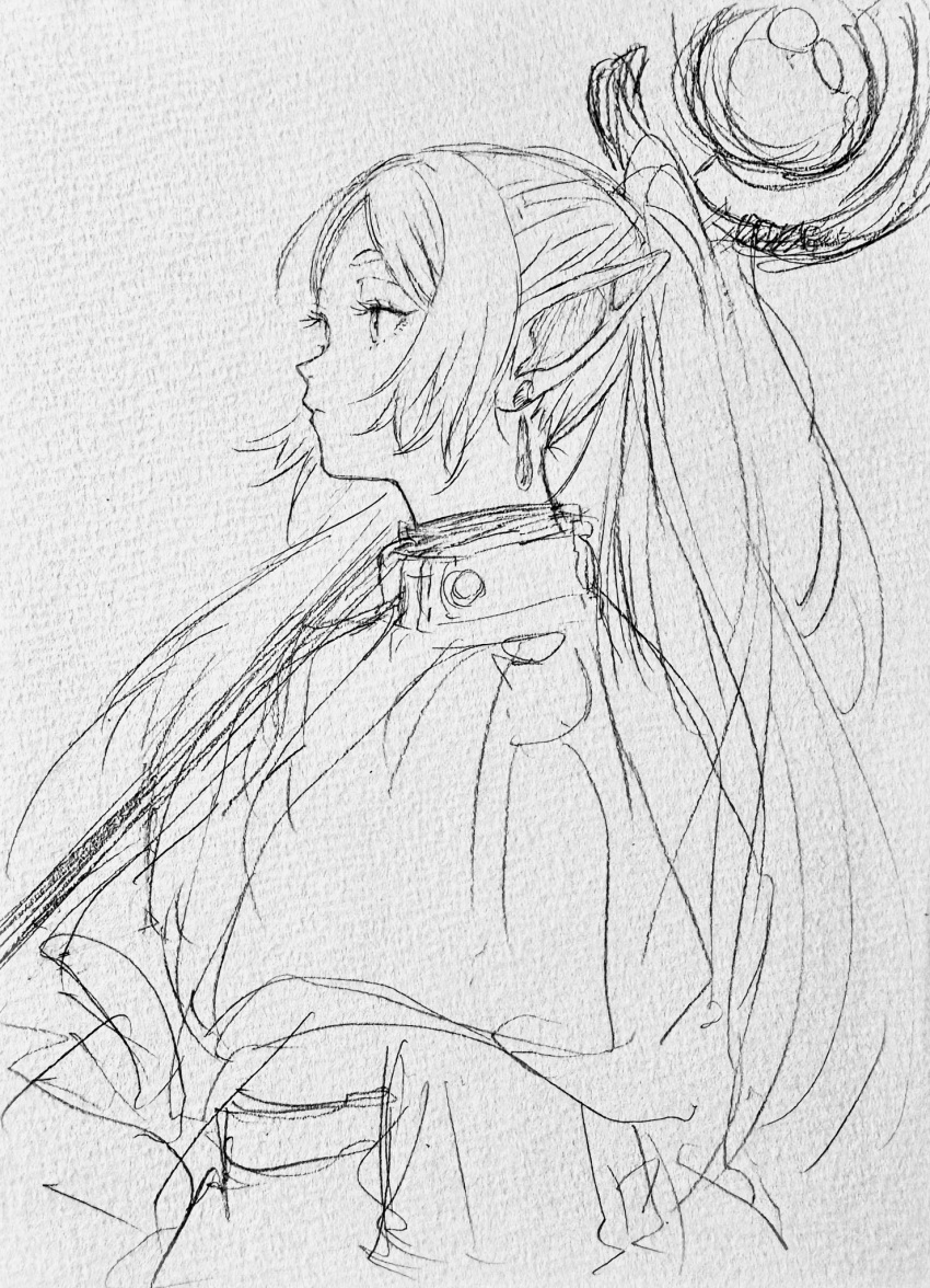 1girl earrings elf english_commentary frieren from_side graphite_(medium) hatching_(texture) highres holding holding_staff jewelry linear_hatching lineart long_hair null_hamamo parted_bangs pointy_ears ponytail portrait profile robe sidelocks sketch solo sousou_no_frieren staff traditional_media