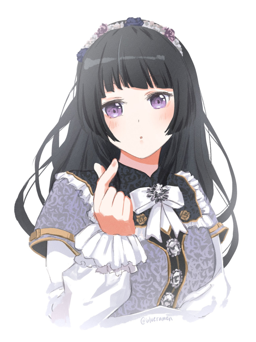 1girl bang_dream! black_hair bow character_request commentary_request dress duplicate flower flower_on_head gold_trim highres index_finger_raised long_hair looking_at_viewer puffy_sleeves revision signature violet_eyes white_background white_bow white_headdress xin_(blueramen)