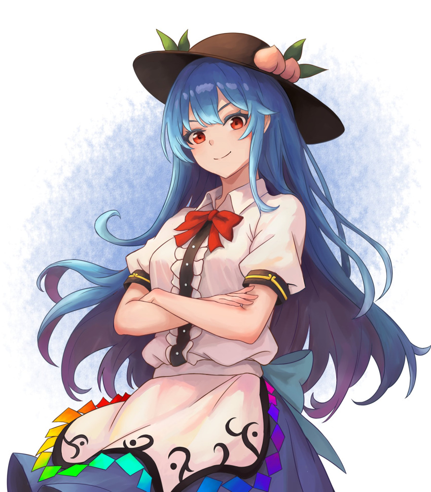 1girl apron black_headwear blue_hair blue_skirt bow breasts closed_mouth collared_shirt cowboy_shot crossed_arms food fruit hat_ornament highres hinanawi_tenshi leaf_hat_ornament long_hair looking_at_viewer peach pigsir13152 rainbow_gradient red_bow red_eyes shirt short_sleeves skirt smile solo standing touhou waist_apron white_background white_shirt