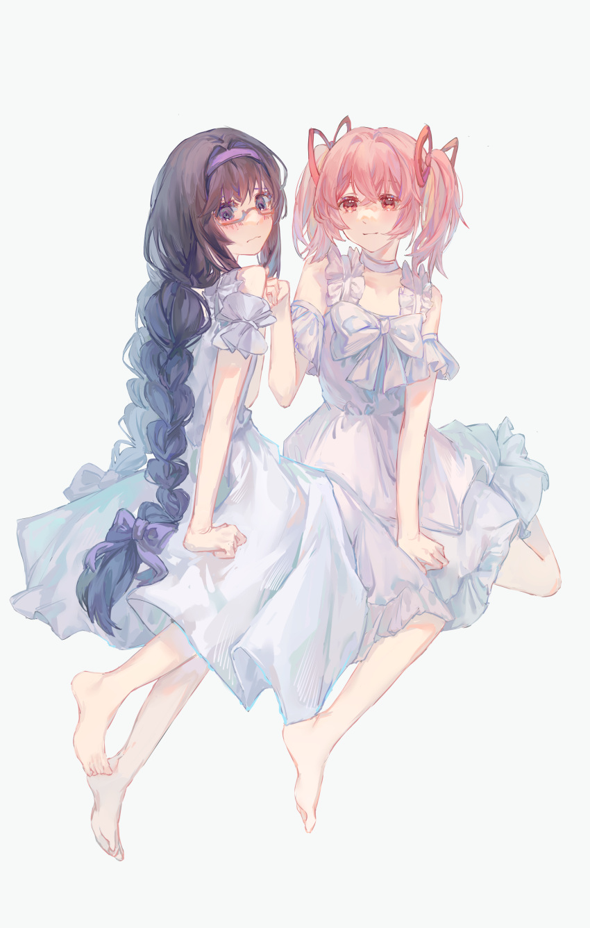 2girls absurdres akemi_homura bare_shoulders barefoot black_hair blush bow braid chinese_commentary choker collarbone commentary_request crossed_bangs detached_sleeves dress frilled_dress frills from_side full_body glasses hair_bow hair_intakes hair_ribbon hairband hand_up highres holding_hands kaname_madoka long_hair looking_at_viewer mahou_shoujo_madoka_magica mahou_shoujo_madoka_magica_(anime) multiple_girls pink_eyes pink_hair purple_hairband ribbon semi-rimless_eyewear short_hair short_twintails simple_background sleeveless sleeveless_dress smile twin_braids twintails under-rim_eyewear violet_eyes white_background white_choker white_dress yi-ki yuri