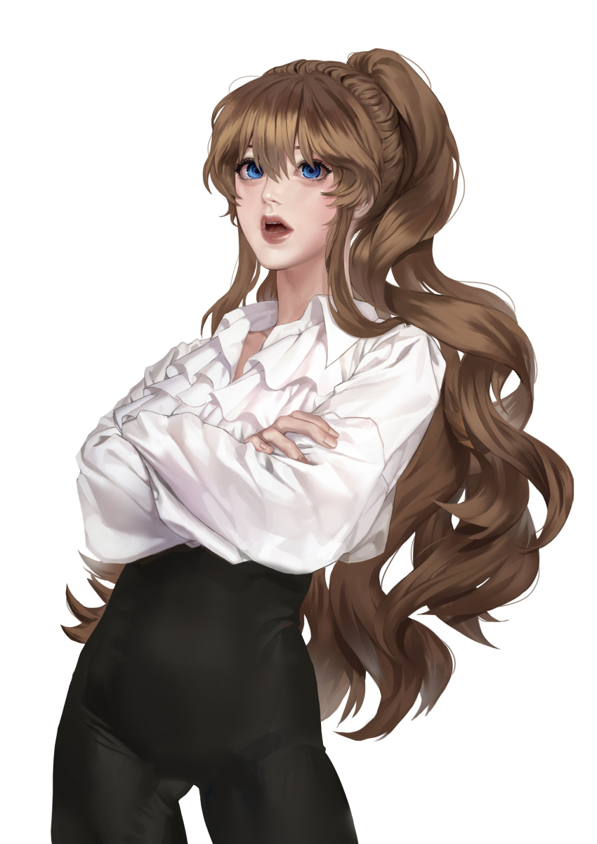 1girl absurdres ass_visible_through_thighs black_pants blue_eyes commission crossed_arms dan_v041015 highres long_hair looking_at_viewer open_mouth original pants shirt sidelocks simple_background solo very_long_hair white_shirt