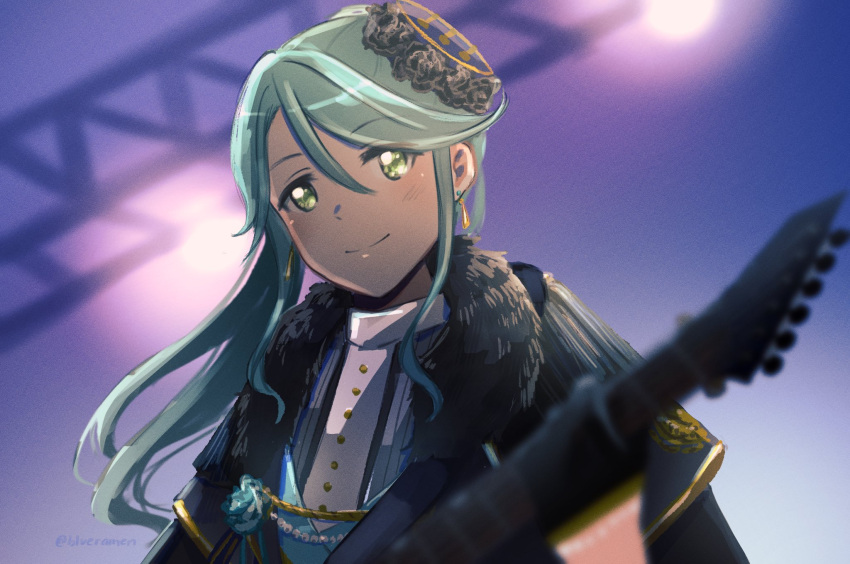 1girl aqua_hair bang_dream! blue_jacket blurry blurry_background commentary earrings green_eyes highres hikawa_sayo holding_guitar idol_clothes jacket jewelry long_hair looking_at_viewer portrait signature smile stage_lights symbol-only_commentary xin_(blueramen)