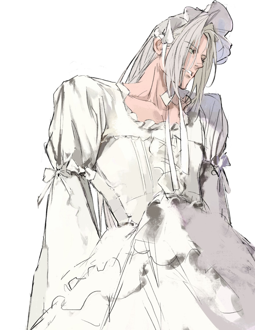 1boy alternate_costume bonnet bow commentary cropped_legs crossdressing dress final_fantasy final_fantasy_vii frilled_bonnet frilled_dress frills green_eyes grey_hair highres lolita_fashion long_dress long_hair long_sleeves looking_to_the_side male_focus parted_bangs parted_lips puffy_long_sleeves puffy_sleeves ribbon sephiroth simple_background white_background white_bow white_ribbon xscr1205