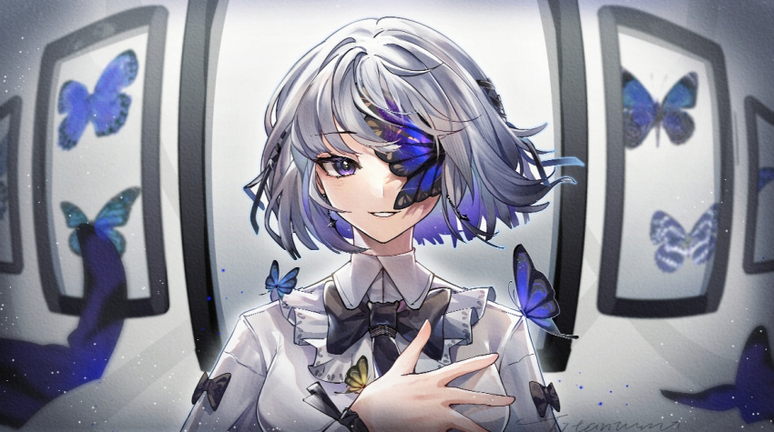 1girl black_bow black_bowtie blue_butterfly bow bowtie bug butterfly butterfly_wings chinese_commentary collar collared_shirt colored_inner_hair commentary eyepatch fisheye frilled_collar frilled_shirt frills grey_hair hair_bow hair_over_one_eye hand_on_own_chest light_particles looking_at_viewer multicolored_hair one_eye_covered picture_frame portrait punishing:_gray_raven purple_hair shirt short_hair signature smile solo straight-on vanessa_(punishing:_gray_raven) violet_eyes white_shirt wings yan_bai_tai yellow_butterfly
