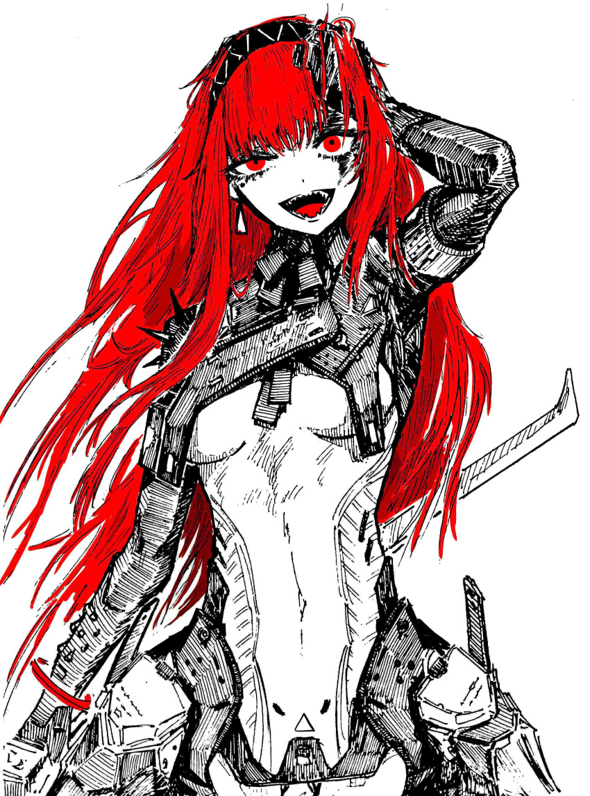 1girl absurdres black_hairband blood blood_from_eyes bodysuit bruise bruise_on_face crazy_eyes crazy_smile earrings hairband hand_on_own_head highres holding holding_weapon injury jewelry long_hair open_mouth partially_colored punishing:_gray_raven red_eyes redhead sharp_teeth shiokaze1409 smile solo teeth triangle_earrings vera:_rozen_(punishing:_gray_raven) vera_(punishing:_gray_raven) weapon