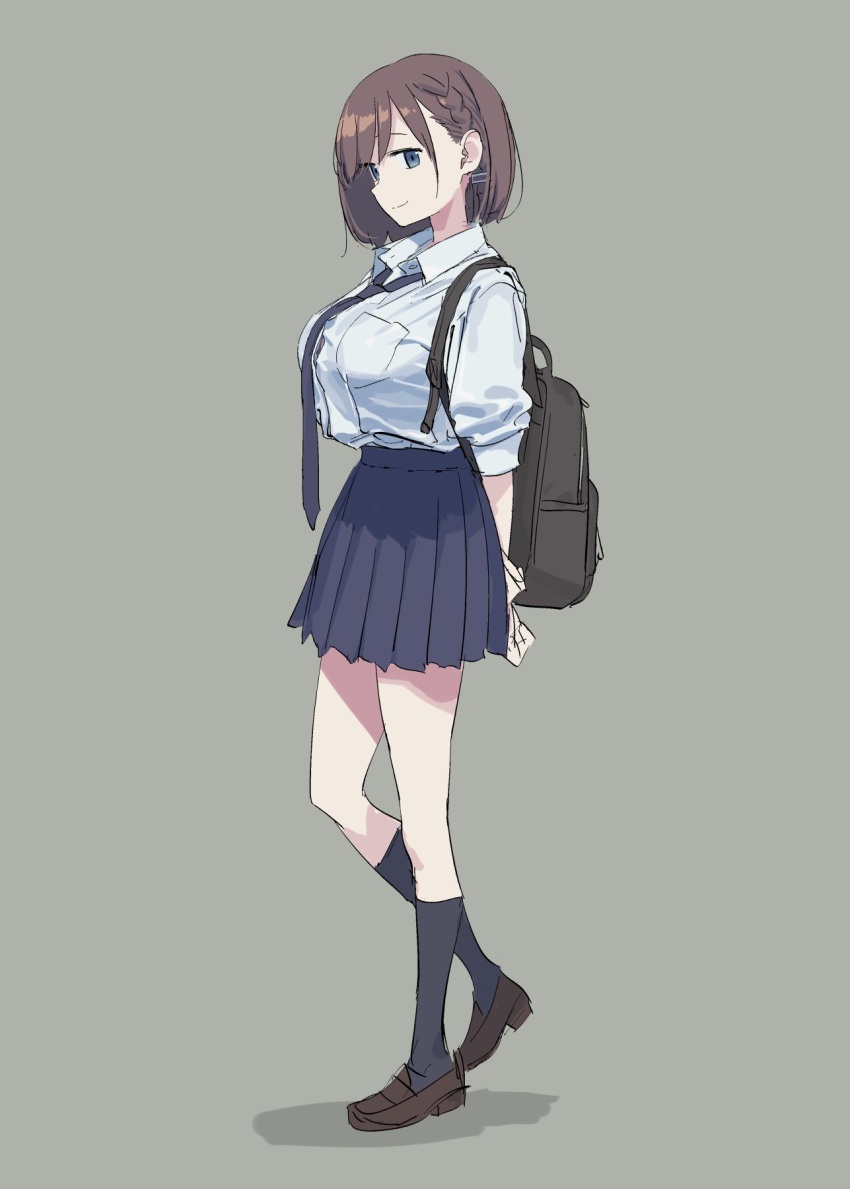 1girl ai-chan_(tawawa) backpack bag blue_eyes blue_necktie blue_skirt brown_hair closed_mouth collared_shirt commentary_request full_body getsuyoubi_no_tawawa grey_background highres himura_kiseki looking_at_viewer necktie pleated_skirt school_uniform shirt short_hair short_sleeves simple_background skirt smile solo standing white_shirt