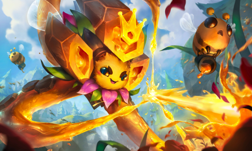 absurdres alien bee bee'koz bee_wings blue_sky bug clouds grass highres honey league_of_legends mountain official_art open_mouth outdoors plant sky solo tree vel'koz water waterfall