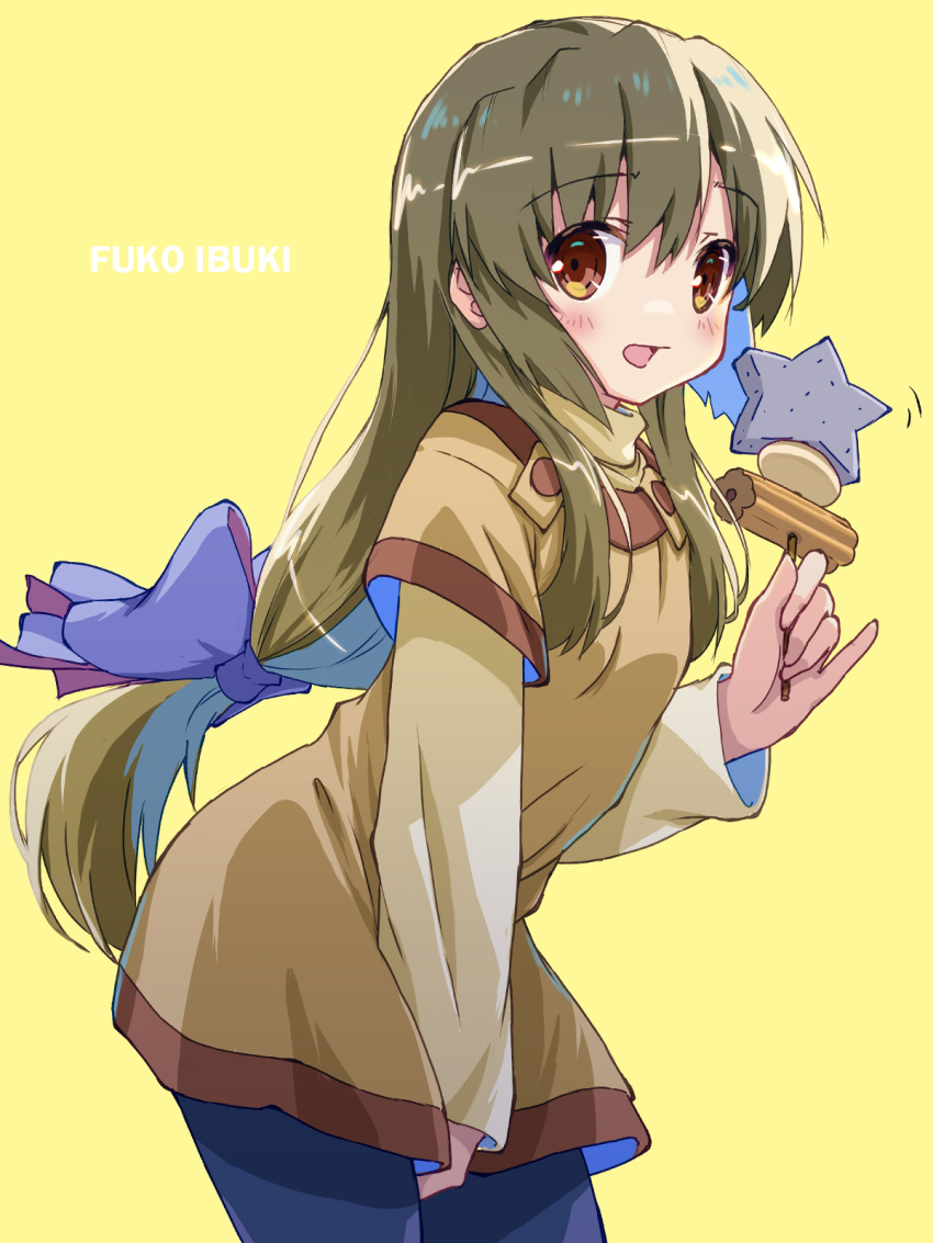1girl akayama_yukihe alternate_costume between_legs black_pantyhose blush bow brown_eyes brown_hair brown_shirt casual character_name clannad commentary_request cowboy_shot eyes_visible_through_hair food hair_between_eyes hair_bow hand_between_legs hand_up highres holding holding_food ibuki_fuuko long_hair long_sleeves looking_at_viewer low-tied_long_hair open_mouth pantyhose pinky_out purple_bow shirt sidelocks simple_background smile solo star_(symbol) very_long_hair yellow_background