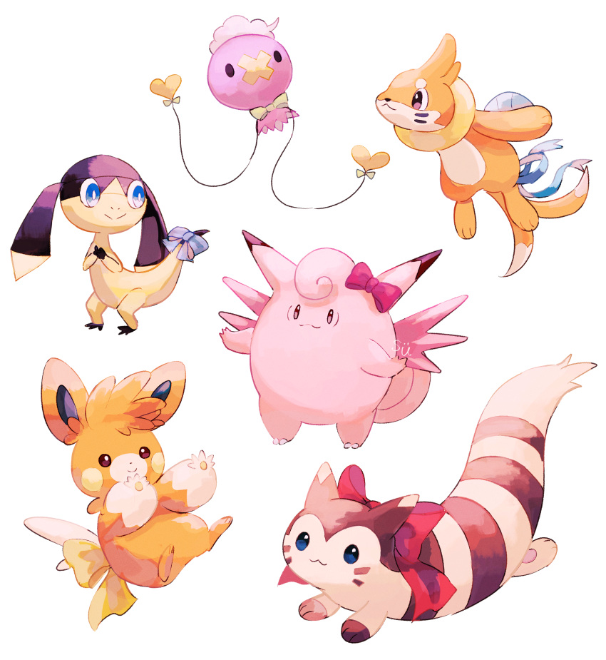 :&gt; absurdres animal_feet animal_focus animal_hands bow bowtie buizel clefable drifloon furret helioptile highres no_humans pawmot pink_bow pink_bowtie pokemon pokemon_(creature) red_bow red_bowtie simple_background solid_circle_eyes solid_oval_eyes su_(sajo_su5) white_background white_bow white_bowtie yellow_bow yellow_bowtie