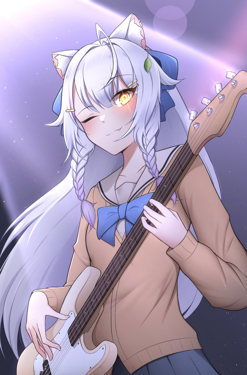 1girl absurdres animal_ear_fluff animal_ears bakanuki_mika bass_guitar blue_bow blue_skirt bow braid breasts cardigan closed_mouth collarbone cowlick english_commentary fang glowing glowing_eye hair_bow highres holding holding_instrument indie_virtual_youtuber instrument long_hair low_twin_braids one_eye_closed pendreon pleated_skirt sailor_collar shadow skirt sky small_breasts smile solo star_(sky) starry_sky twin_braids upper_body very_long_hair virtual_youtuber white_hair yellow_eyes