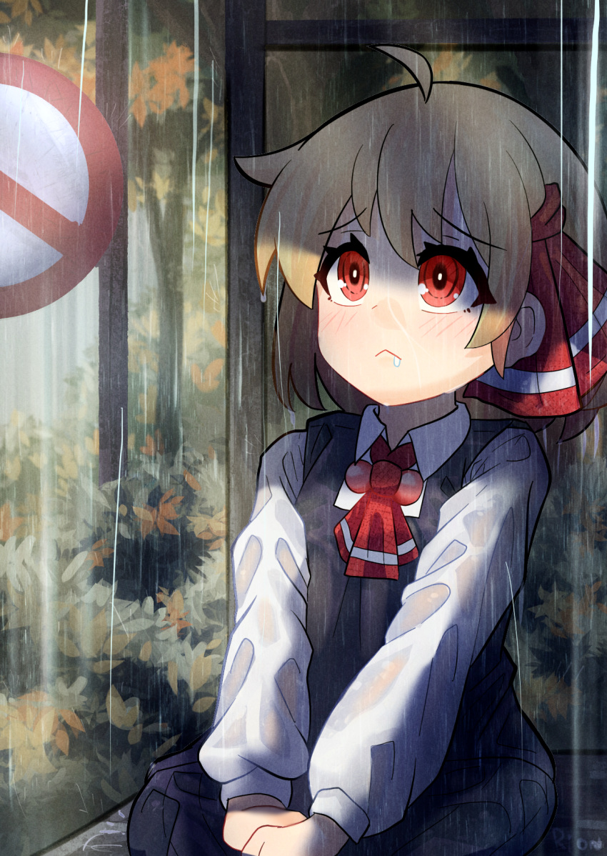 1girl :&lt; ahoge ascot black_dress blonde_hair closed_mouth collared_shirt commentary dress english_commentary hair_ribbon highres long_sleeves pinafore_dress rain red_ascot red_eyes red_ribbon ribbon rion_(user_ufvg8527) rumia shirt short_hair sitting sleeveless sleeveless_dress solo taking_shelter touhou wet wet_clothes white_shirt