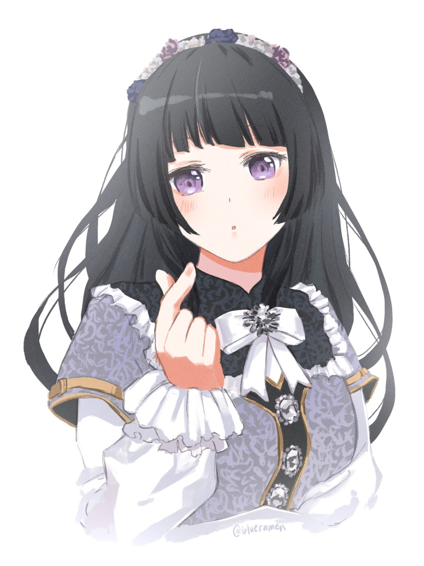 1girl bang_dream! black_hair bow commentary_request dress flower flower_on_head gold_trim highres index_finger_raised long_hair looking_at_viewer puffy_sleeves revision shirokane_rinko signature violet_eyes white_background white_bow white_headdress xin_(blueramen)