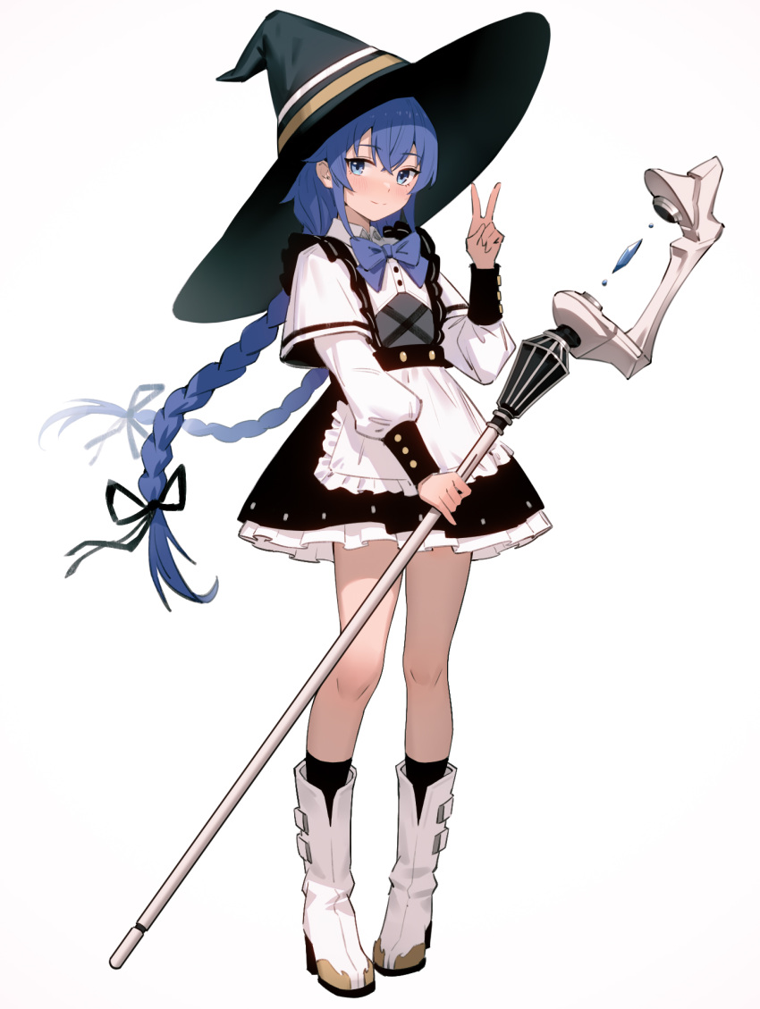 1girl 95--- black_ribbon black_socks blue_hair boots braid closed_mouth commentary crossed_bangs english_commentary floating_hair full_body hair_between_eyes hair_ribbon hat highres holding holding_staff long_hair long_sleeves looking_at_viewer low_twin_braids mage_staff mushoku_tensei ribbon roxy_migurdia socks solo staff thighs twin_braids v very_long_hair white_footwear witch_hat